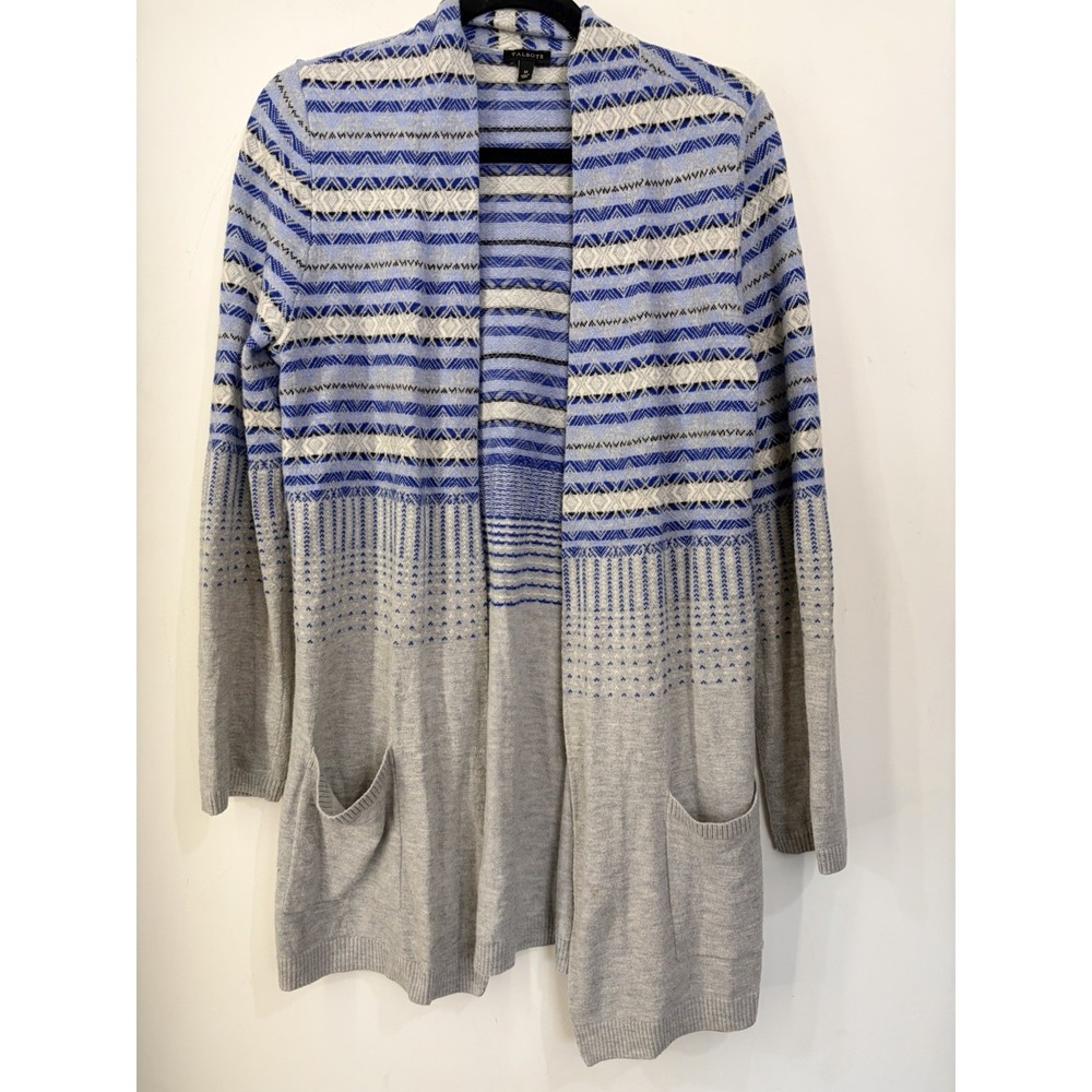 Talbots Women's M Fair Isle Geometric Cardigan Lambswool Blend Blue Gray Pockets